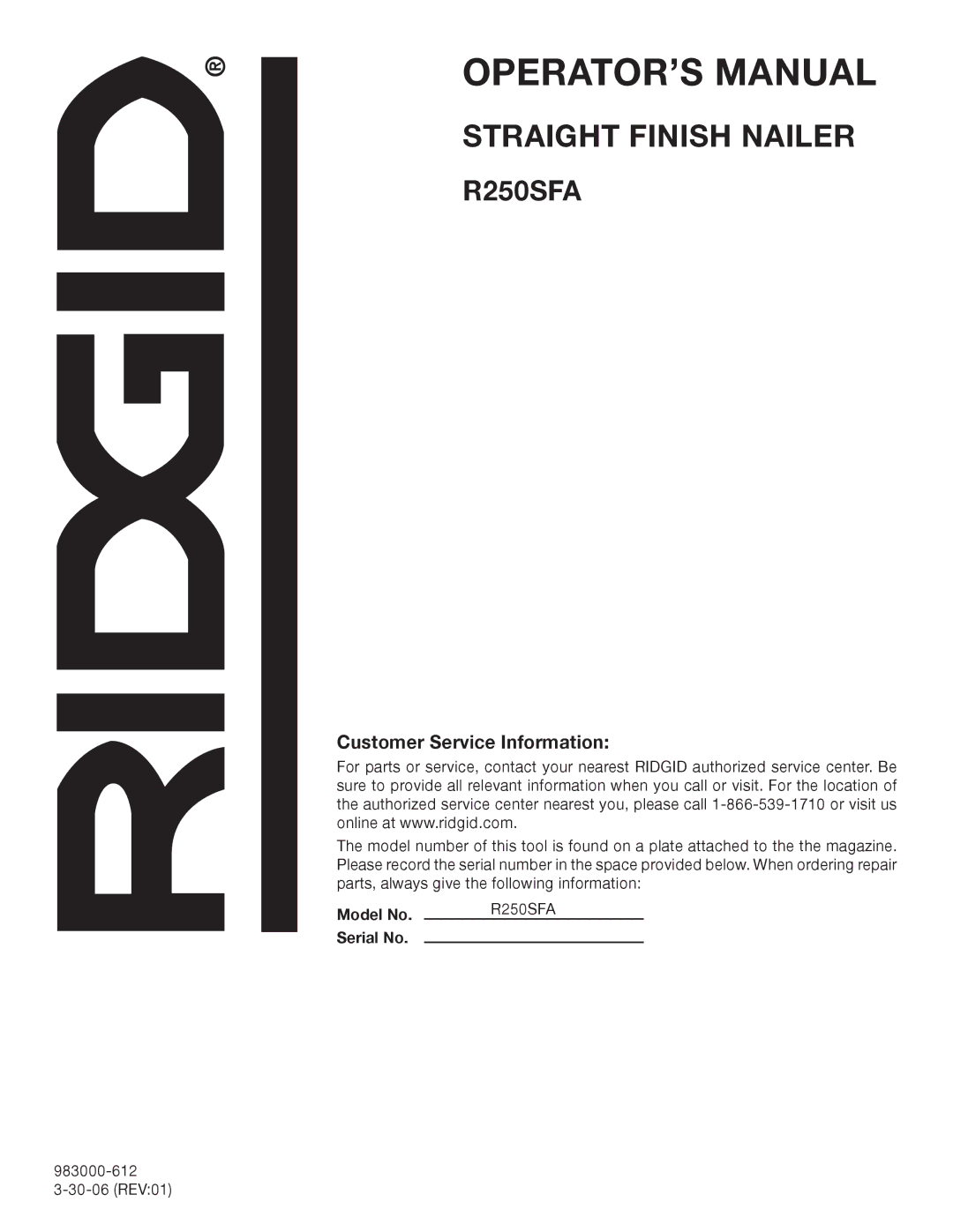 RIDGID R250SFA manual Customer Service Information 