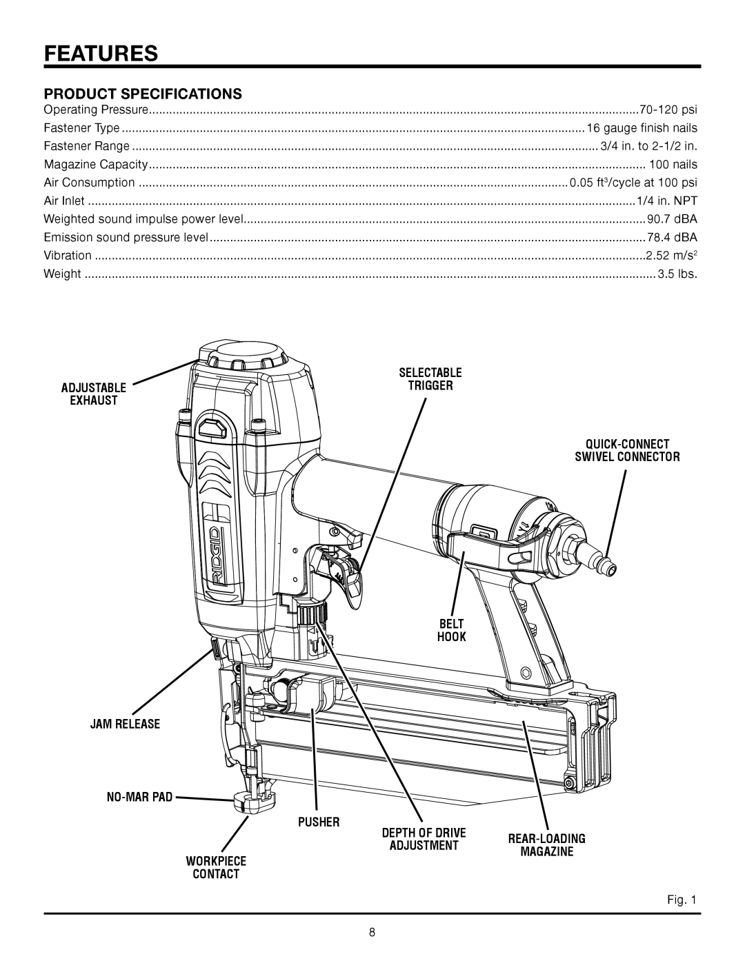 RIDGID R250SFA manual Features, Product Specifications 