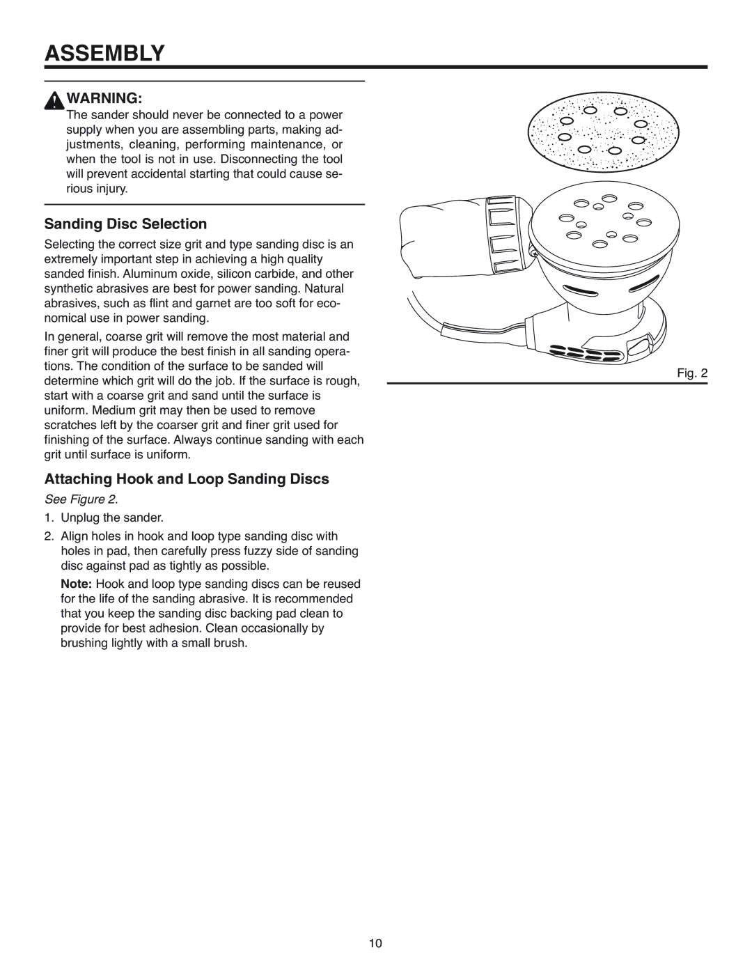 RIDGID R2600 manual Assembly, Sanding Disc Selection, Attaching Hook and Loop Sanding Discs 