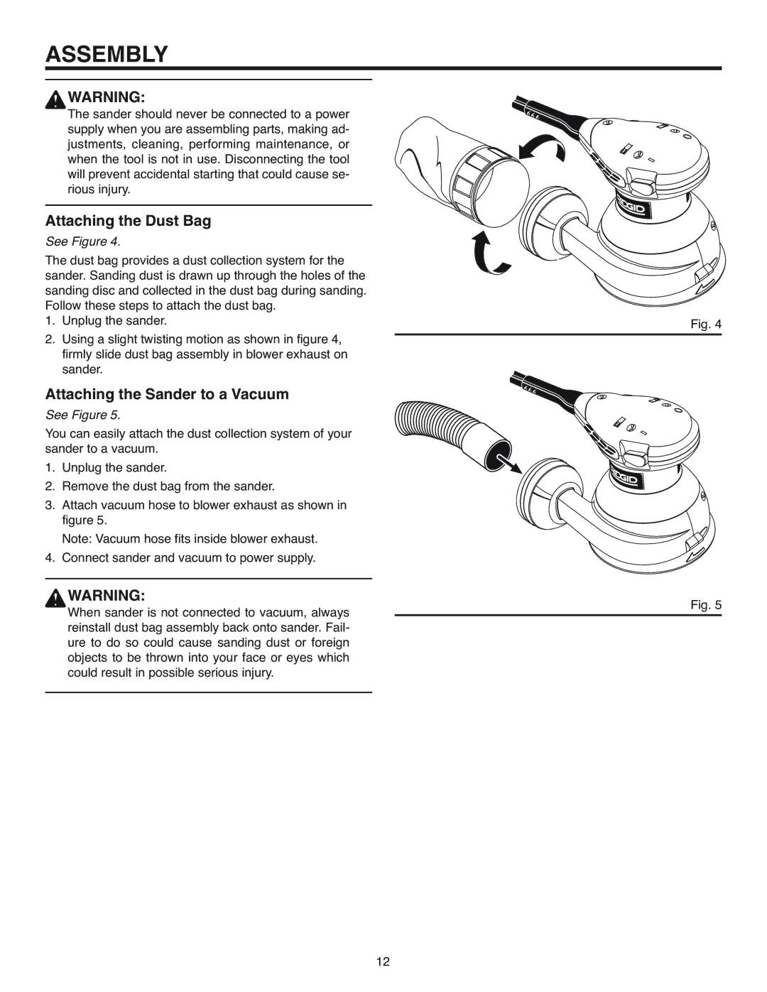 RIDGID R2600 manual Attaching the Dust Bag, Attaching the Sander to a Vacuum 