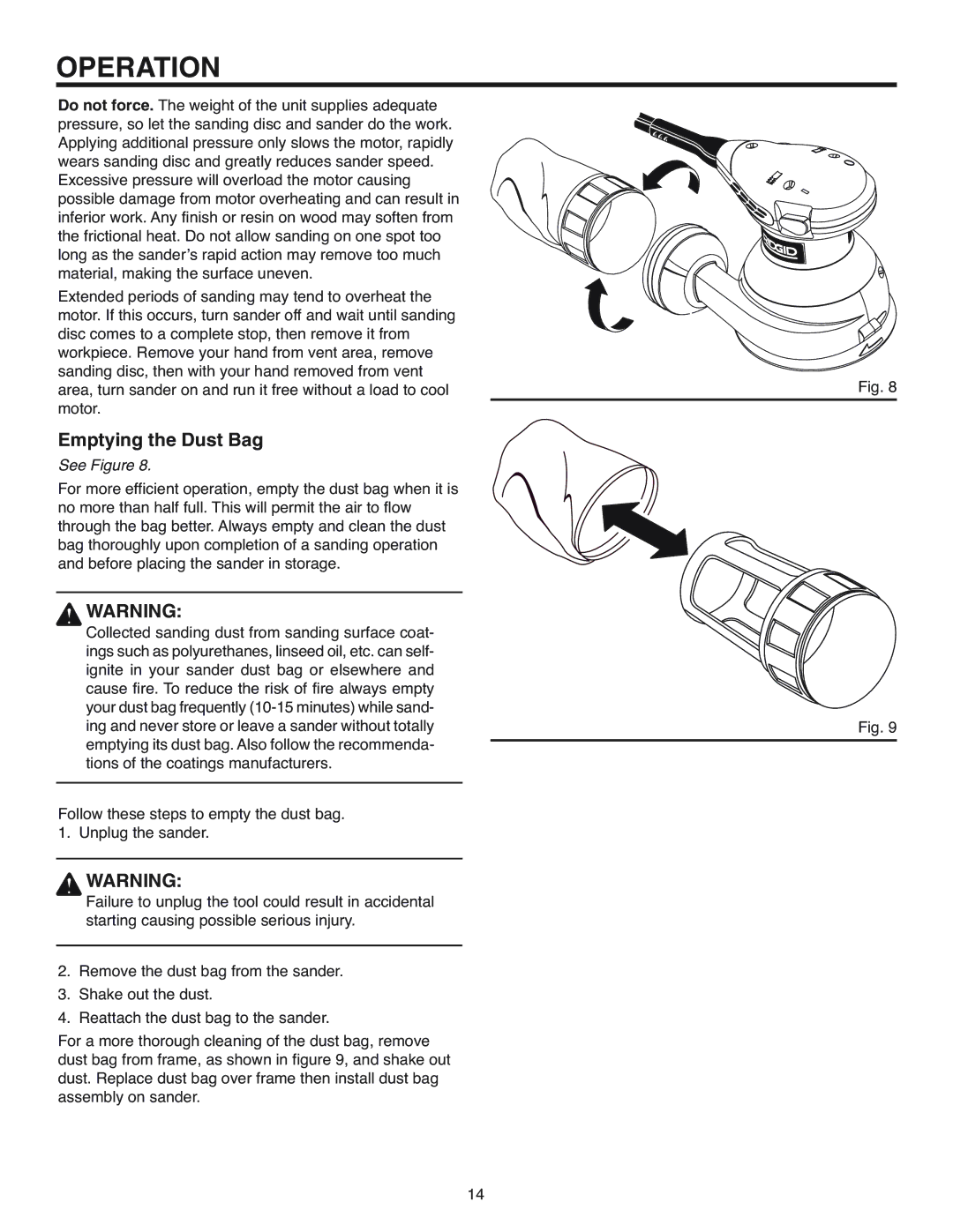 RIDGID R2600 manual Emptying the Dust Bag 