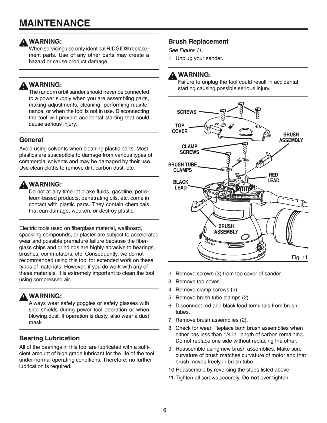 RIDGID R2600 manual Maintenance, Brush Replacement, General, Bearing Lubrication 