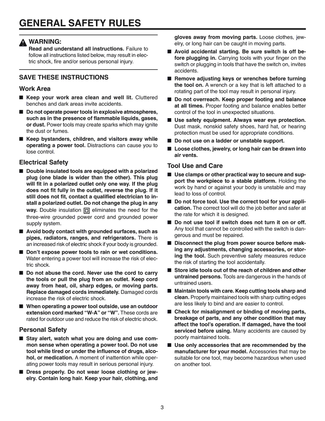 RIDGID R2600 manual General Safety Rules, Work Area, Electrical Safety, Personal Safety, Tool Use and Care 