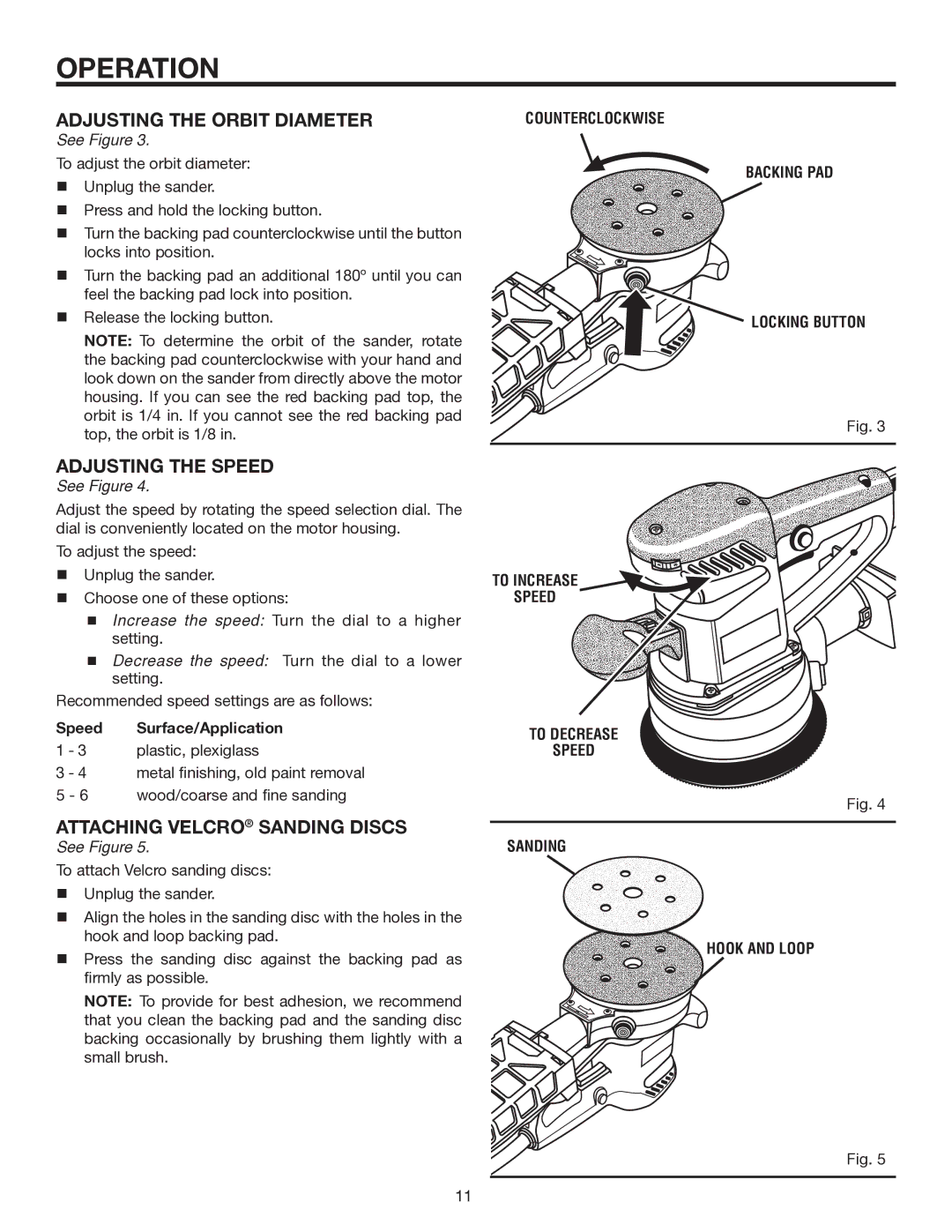 RIDGID R2610 manual Adjusting the Orbit Diameter, Adjusting the Speed, Attaching Velcro Sanding Discs 