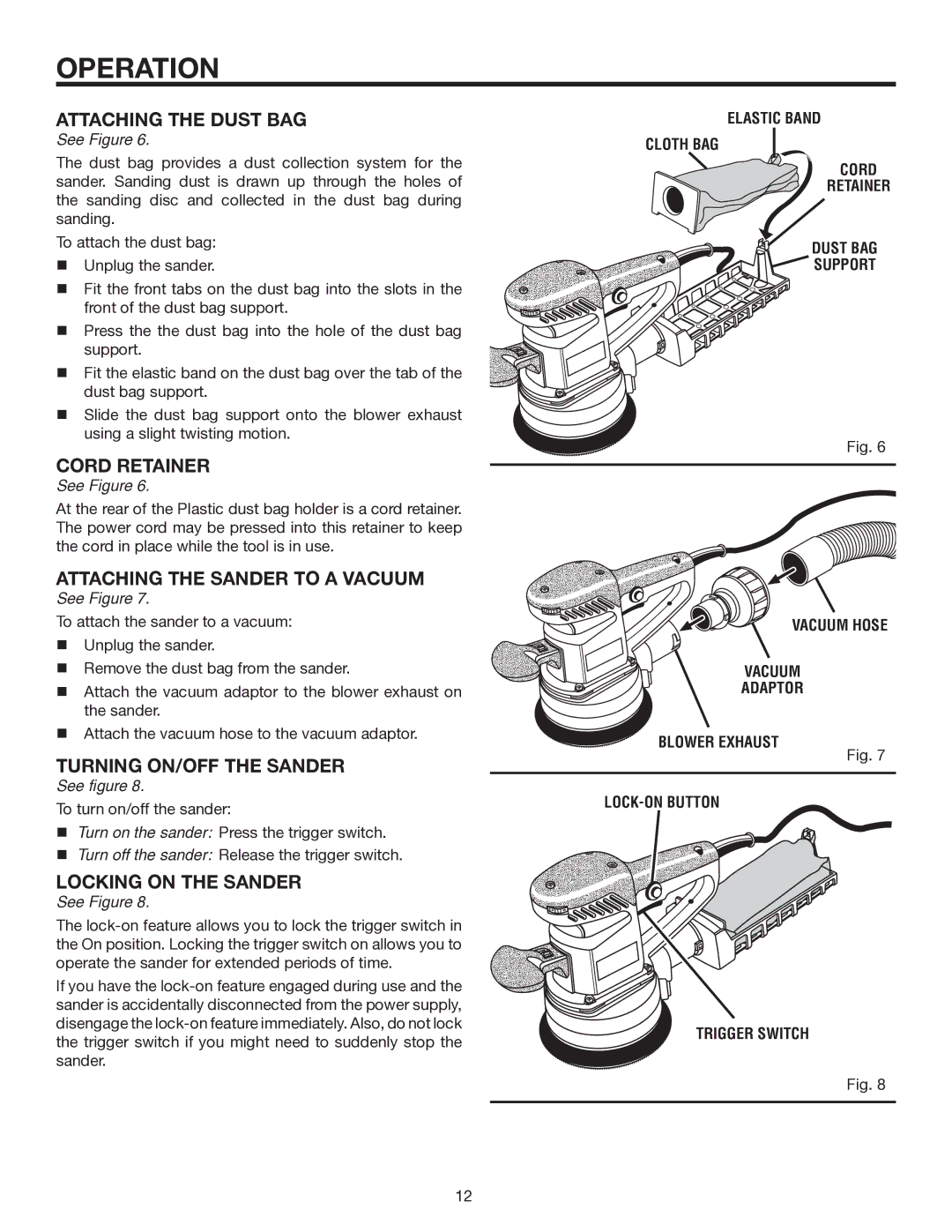 RIDGID R2610 Attaching the Dust BAG, Attaching the Sander to a Vacuum, Turning ON/OFF the Sander, Locking on the Sander 