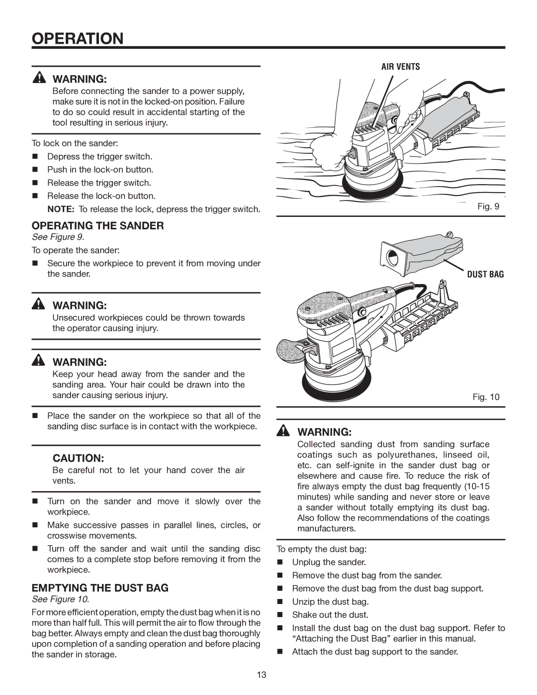 RIDGID R2610 manual Operating the Sander, Emptying the Dust BAG 