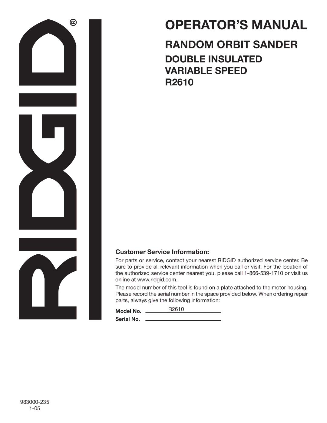 RIDGID R2610 manual Customer Service Information 