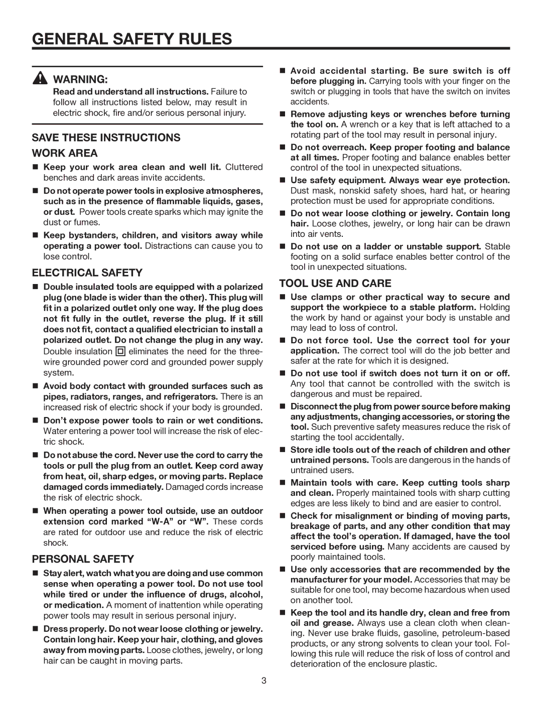 RIDGID R2610 manual General Safety Rules, Work Area, Electrical Safety, Personal Safety, Tool USE and Care 