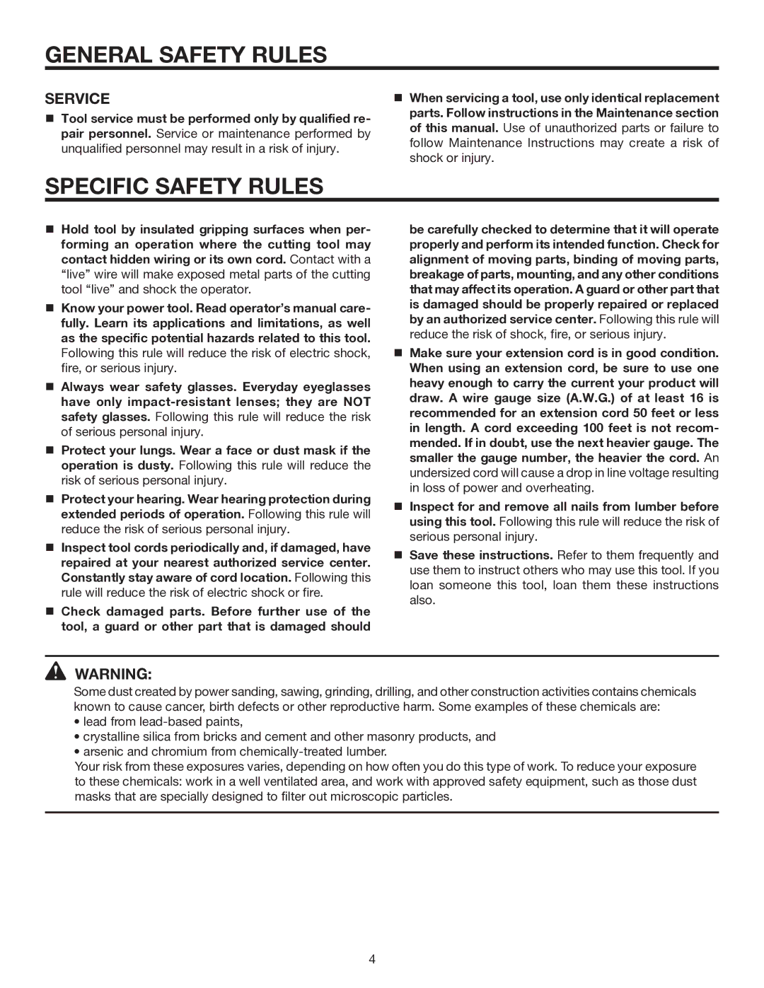 RIDGID R2610 manual Specific Safety Rules, Service 