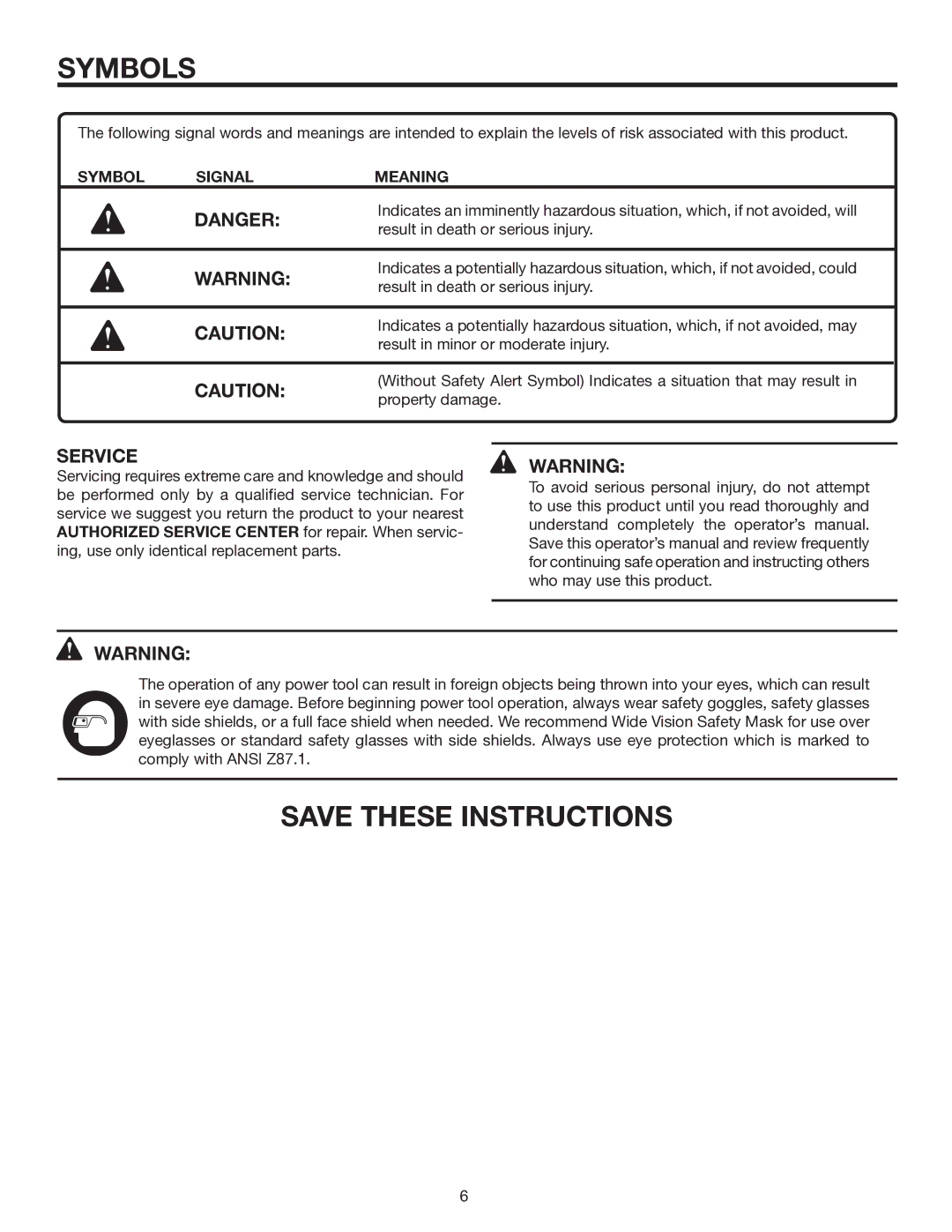 RIDGID R2610 manual Symbol Signal Meaning 