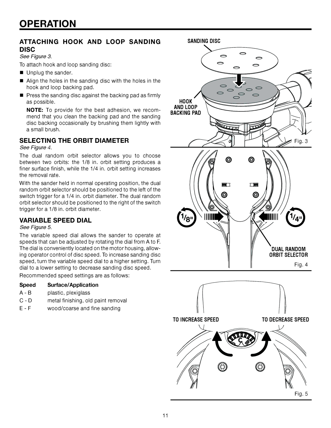 RIDGID R2611 manual Attaching Hook and Loop Sanding Disc, Selecting the Orbit Diameter 