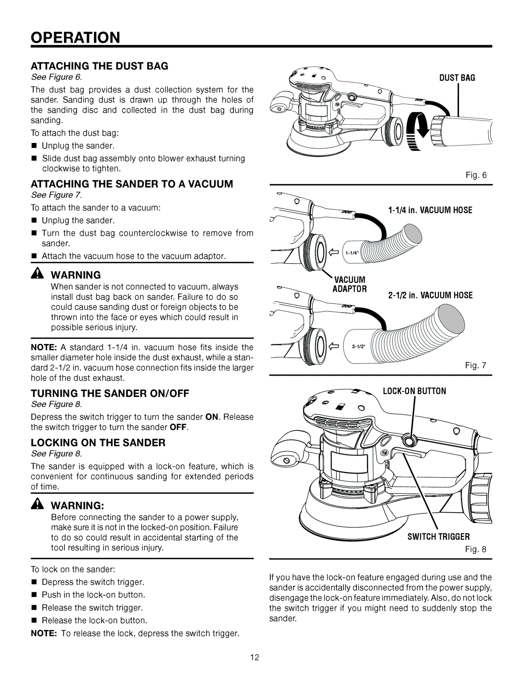 RIDGID R2611 Attaching the Dust BAG, Attaching the Sander to a Vacuum, Turning the Sander ON/OFF, Locking on the Sander 