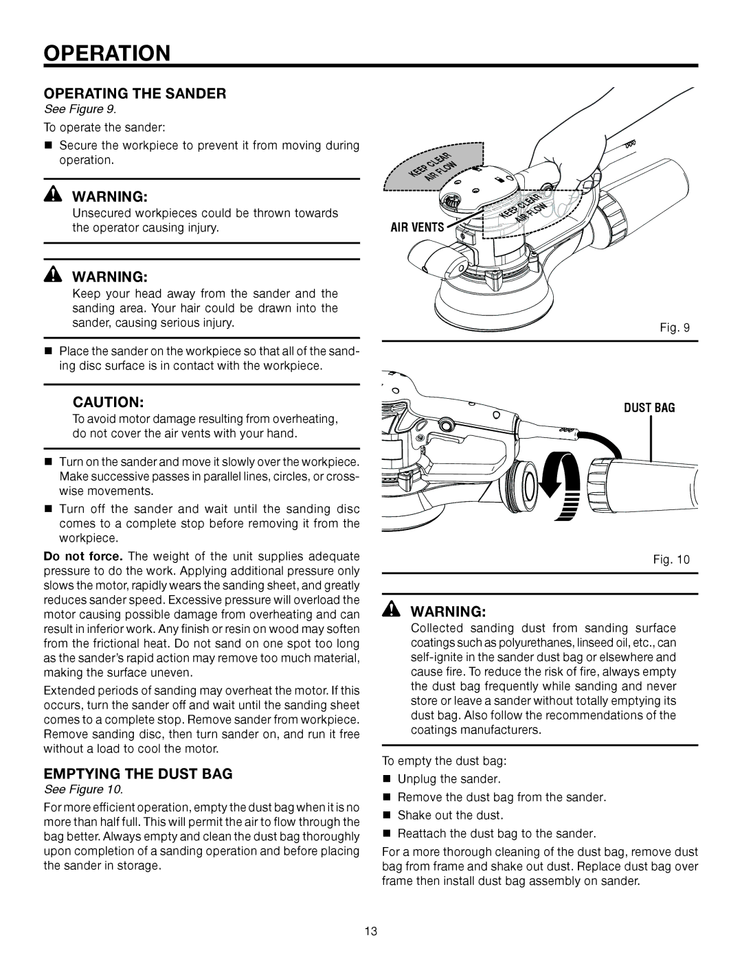 RIDGID R2611 manual Operating the Sander, Emptying the Dust BAG 