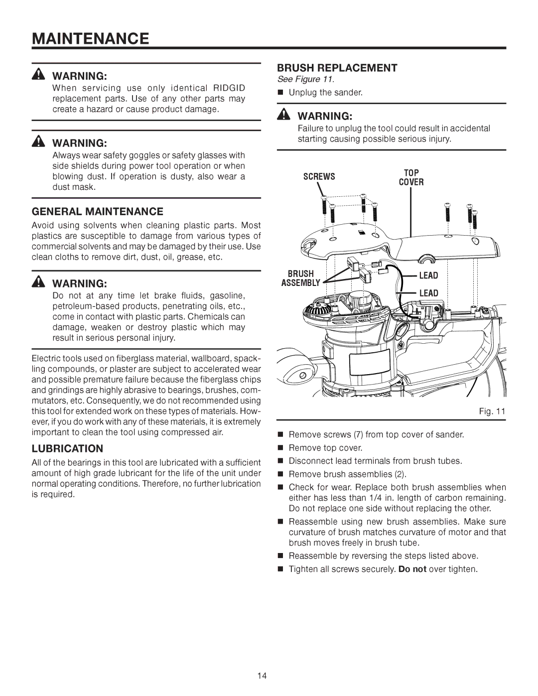 RIDGID R2611 manual Brush Replacement, General Maintenance, Lubrication 