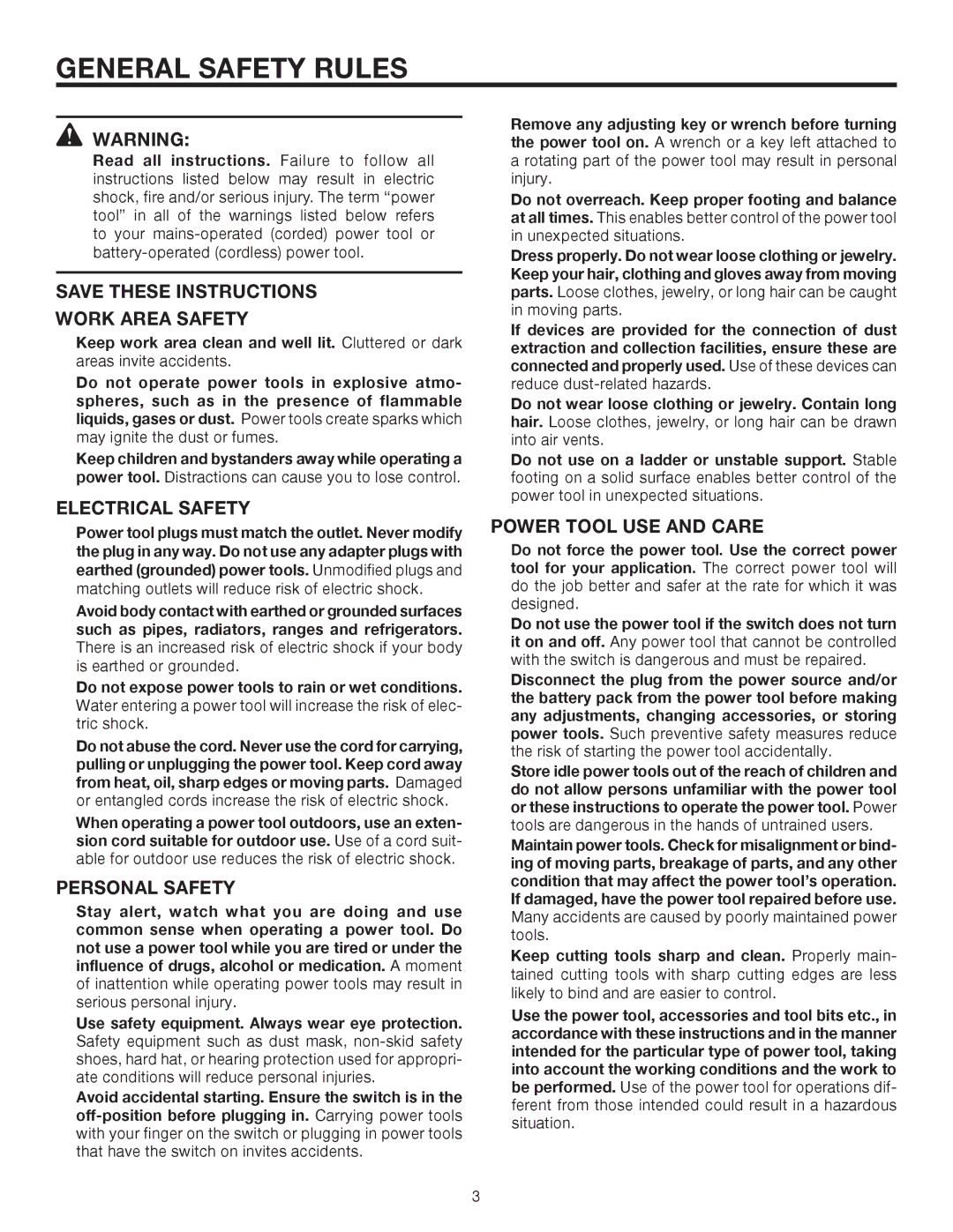 RIDGID R2611 manual General Safety Rules, Work Area Safety, Electrical Safety, Personal Safety, Power Tool USE and Care 