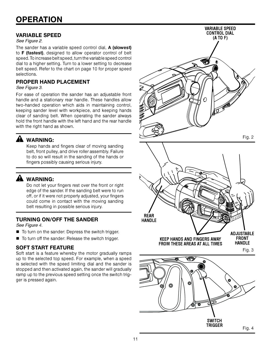 RIDGID R2720 manual Variable Speed, Proper Hand Placement, Turning ON/OFF the Sander, Soft Start Feature 