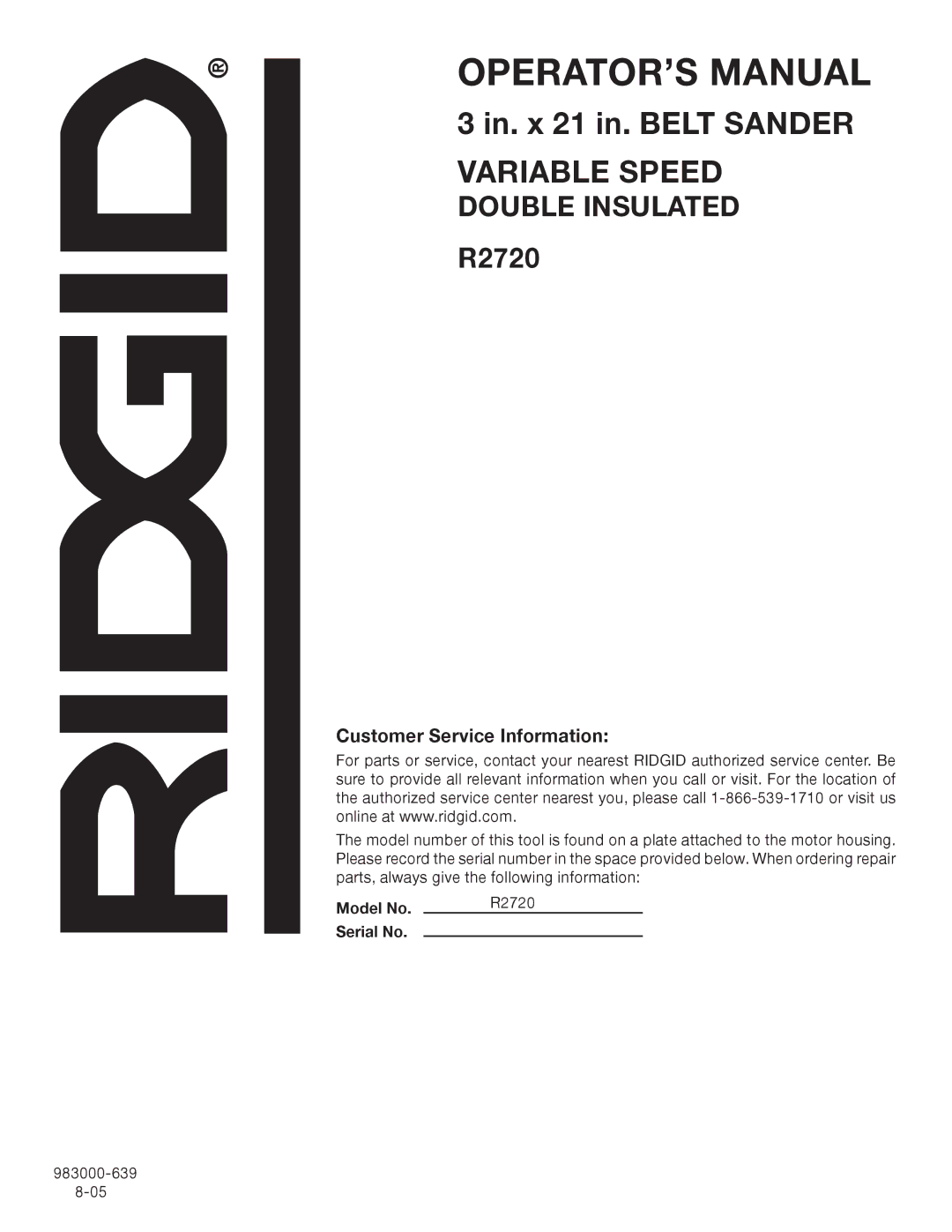 RIDGID manual Customer Service Information, Model No R2720 Serial No 