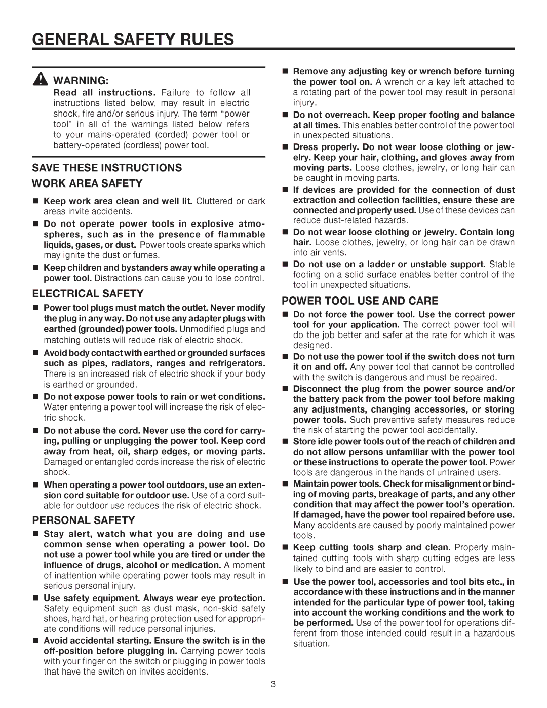 RIDGID R2720 manual General Safety Rules, Work Area Safety, Electrical Safety, Personal Safety, Power Tool USE and Care 