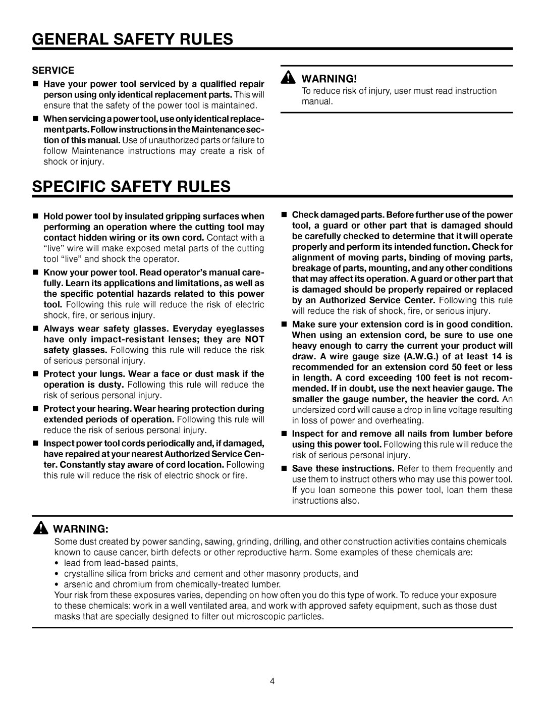 RIDGID R2720 manual Specific Safety Rules, Service 