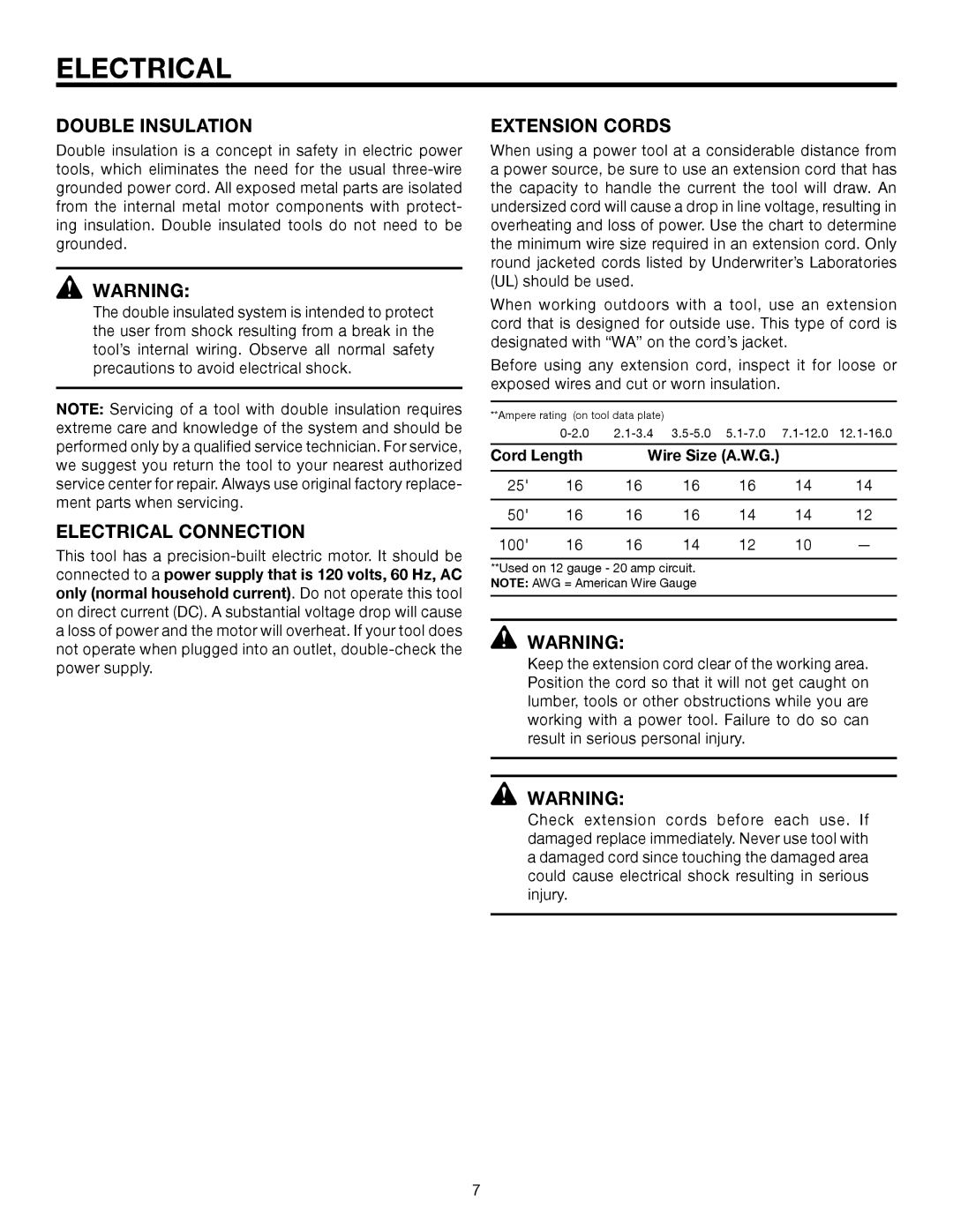 RIDGID R2720 manual Double Insulation, Electrical Connection, Extension Cords, Cord Length Wire Size A.W.G 