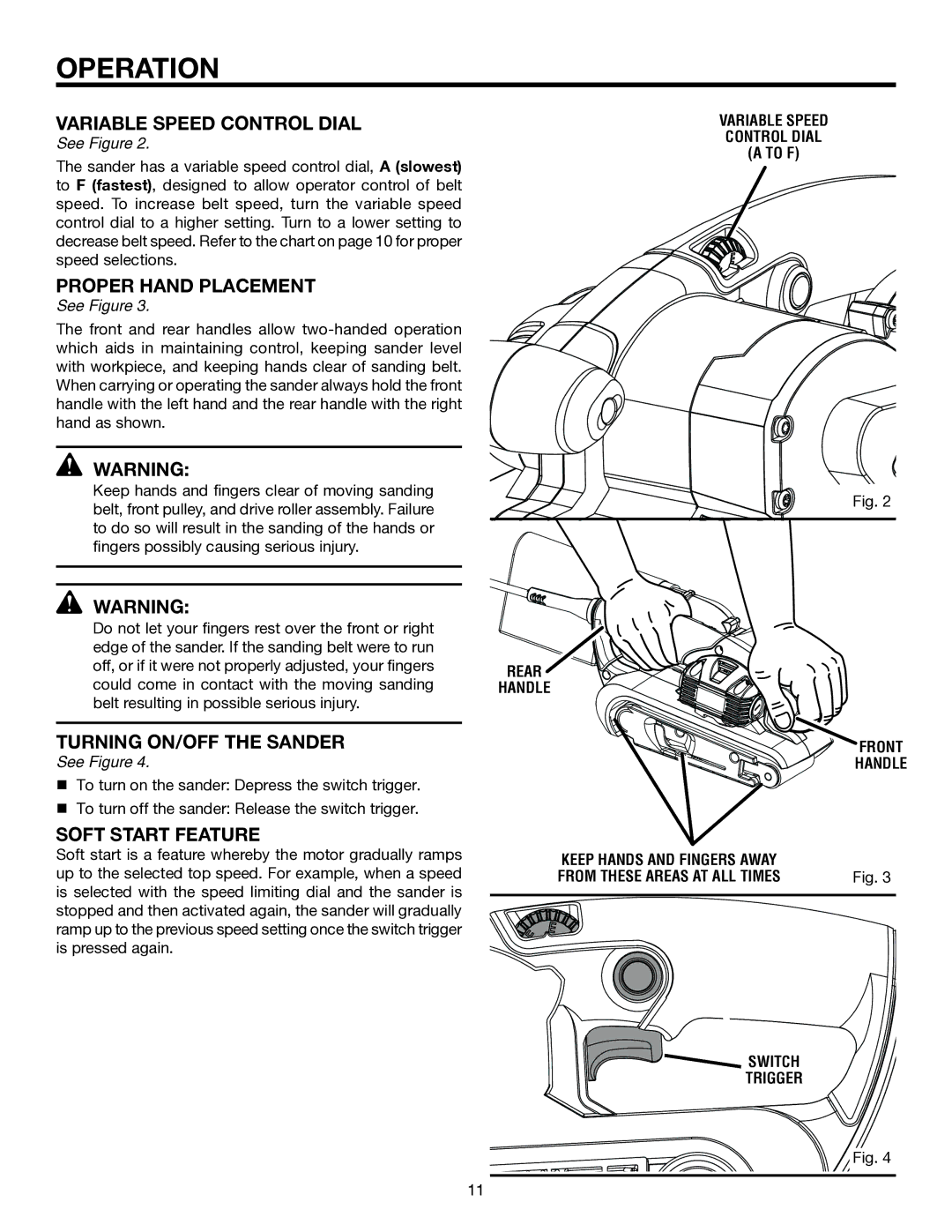 RIDGID R2740 manual Proper Hand Placement, Turning ON/OFF the Sander, Soft sTaRt feature, To F, Switch 