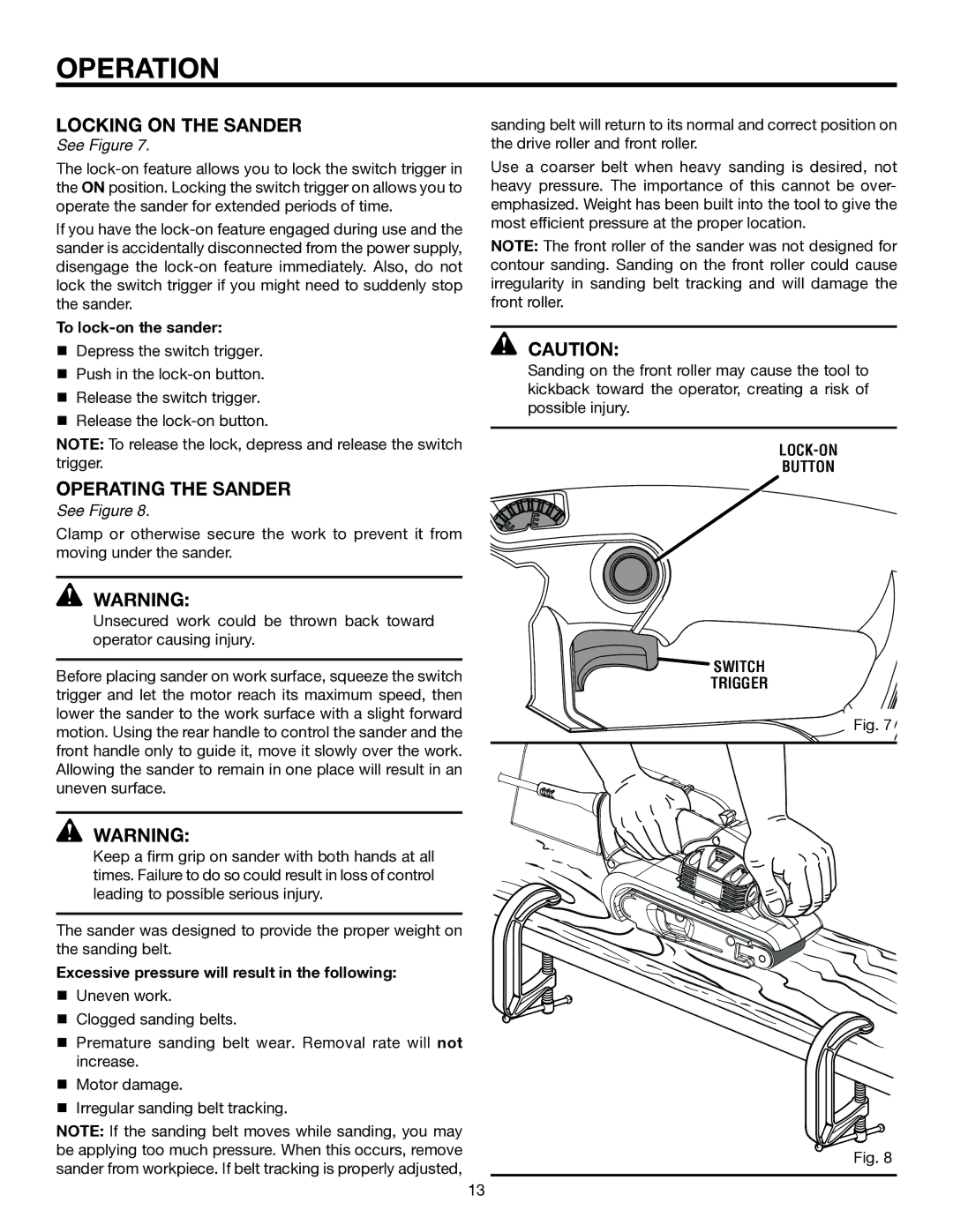 RIDGID R2740 manual Locking on the Sander, Operating the Sander, To lock-on the sander 