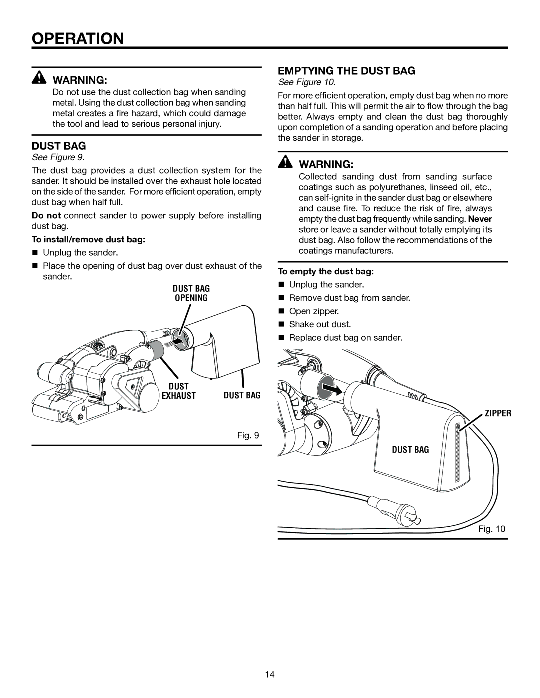 RIDGID R2740 manual Emptying the Dust BAg, To install/remove dust bag, Opening, To empty the dust bag, Zipper 