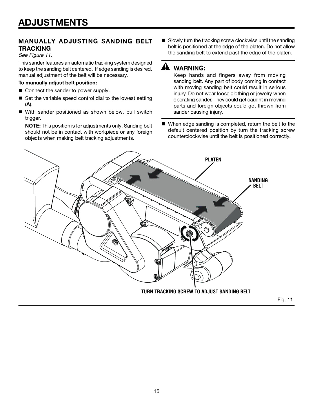 RIDGID R2740 Manually adjusting Sanding Belt Tracking, To manually adjust belt position, Platen 