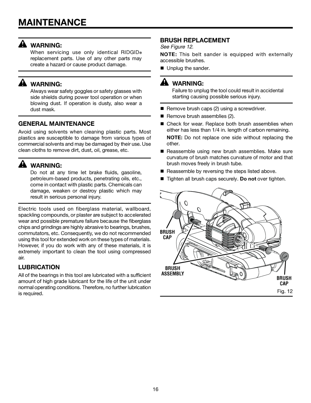 RIDGID R2740 manual Brush Replacement, General Maintenance, Lubrication 