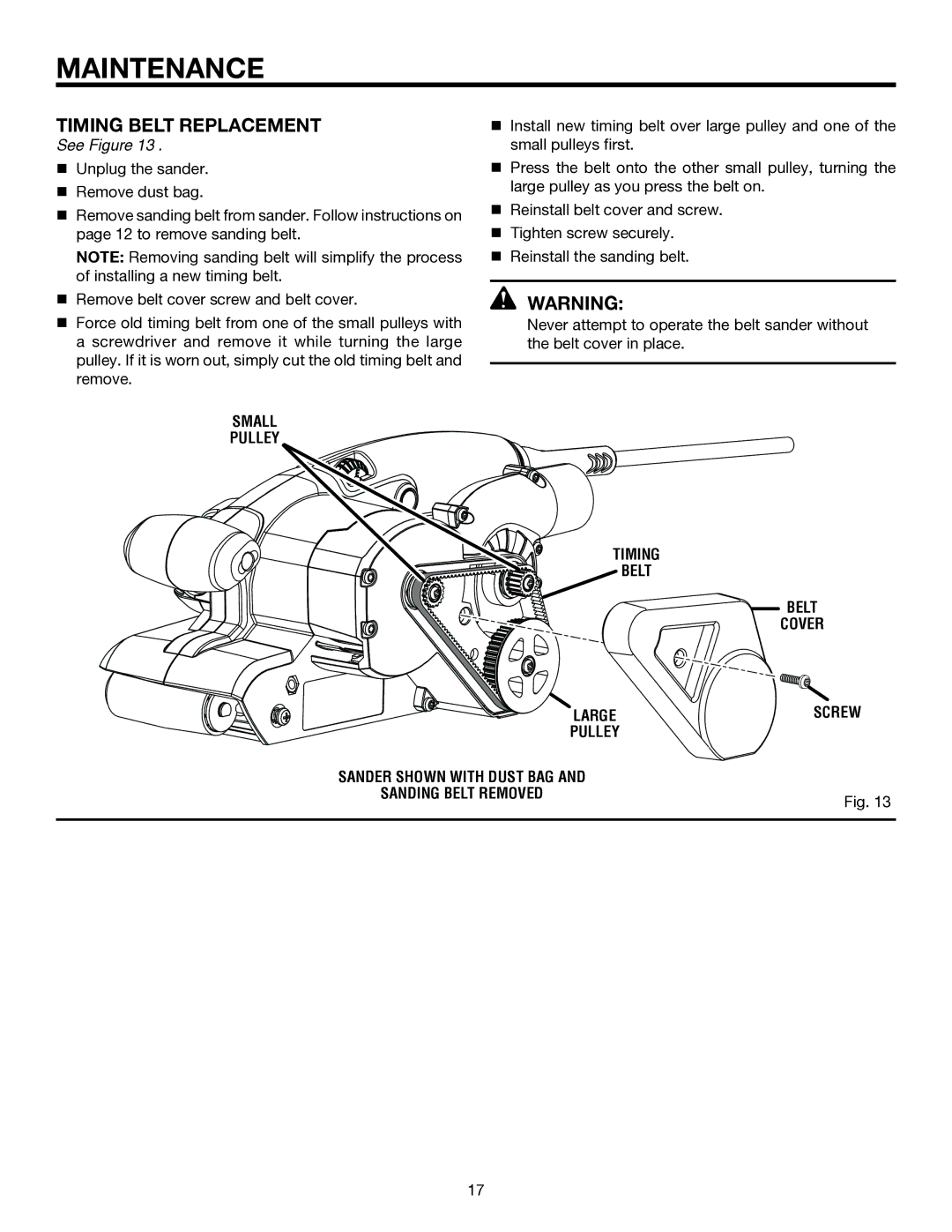 RIDGID R2740 manual Timing Belt Replacement, Sander shown with dust bag Sanding belt removed 