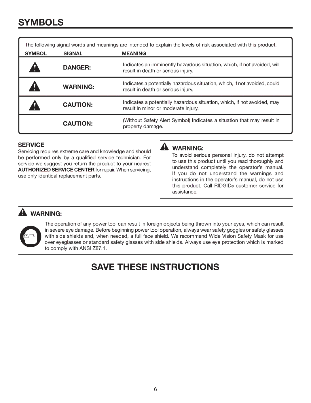 RIDGID R2740 manual Service, Symbol Signal Meaning 