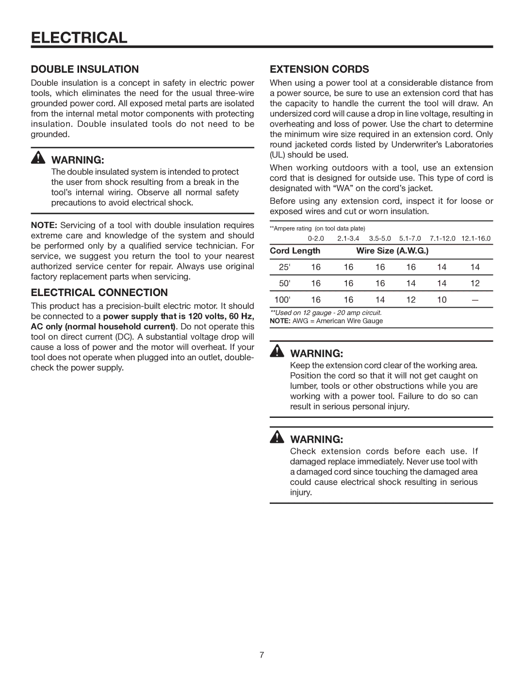 RIDGID R2740 manual Double Insulation, Electrical Connection, Extension Cords, Cord Length Wire Size A.W.G 