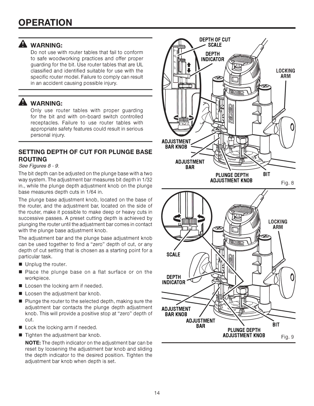 RIDGID R2900 manual Setting Depth of CUT for Plunge Base Routing, See Figures 8 