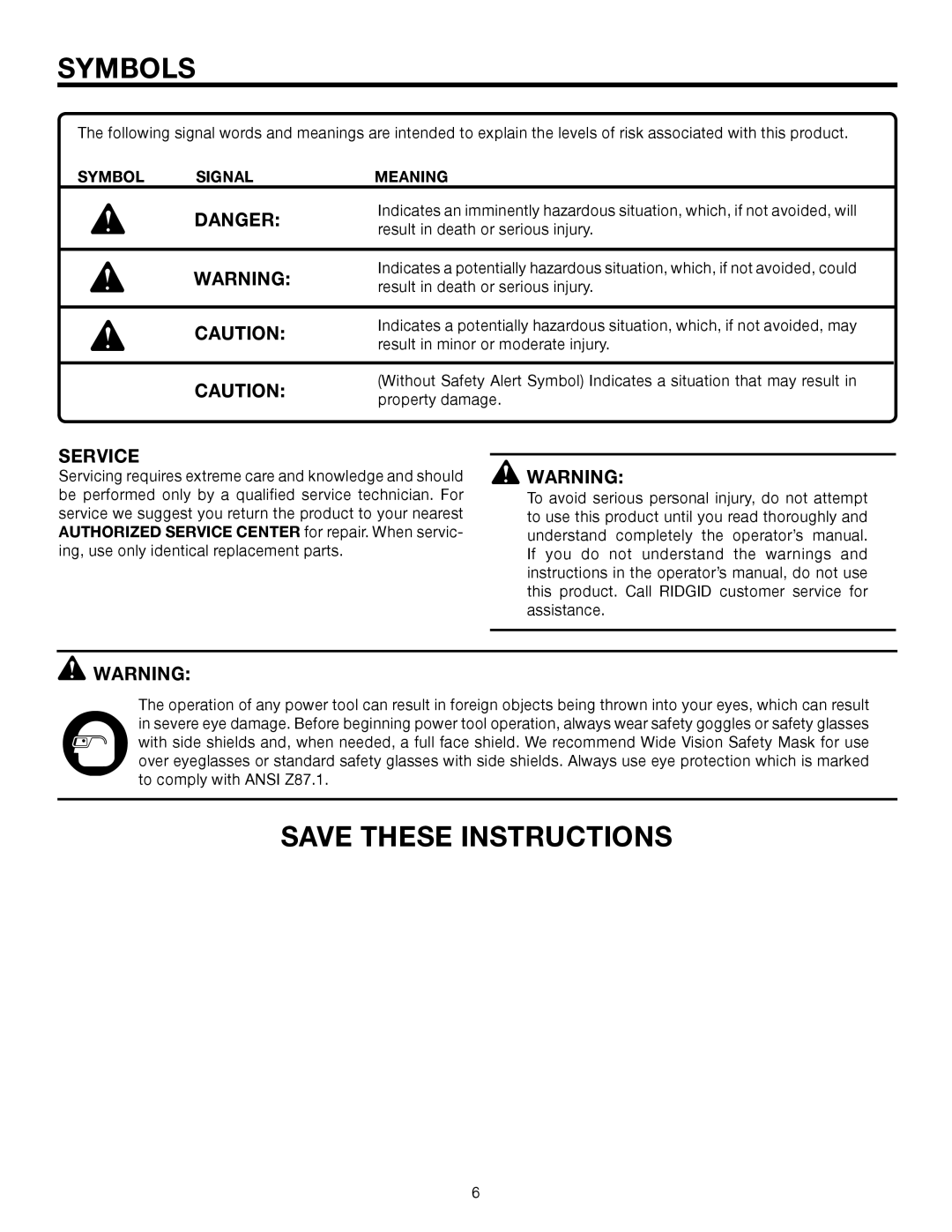 RIDGID R2900 manual Symbol Signal Meaning 