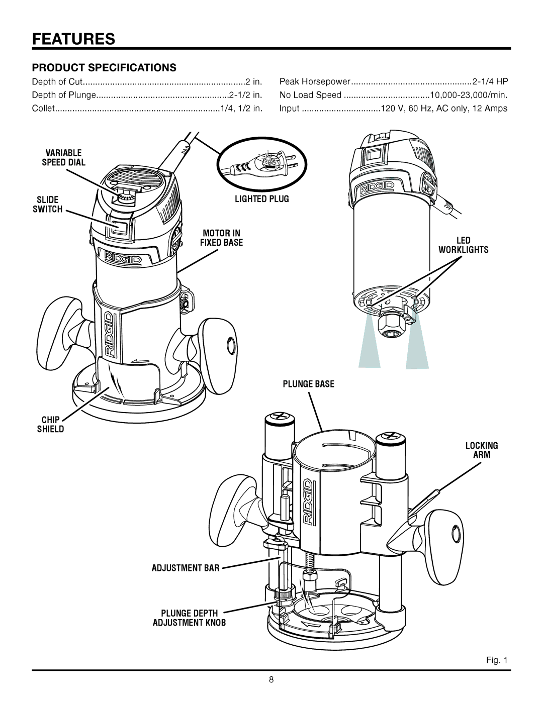 RIDGID R2900 manual Features, Product Specifications, Adjustment BAR, Plunge Depth Adjustment Knob 