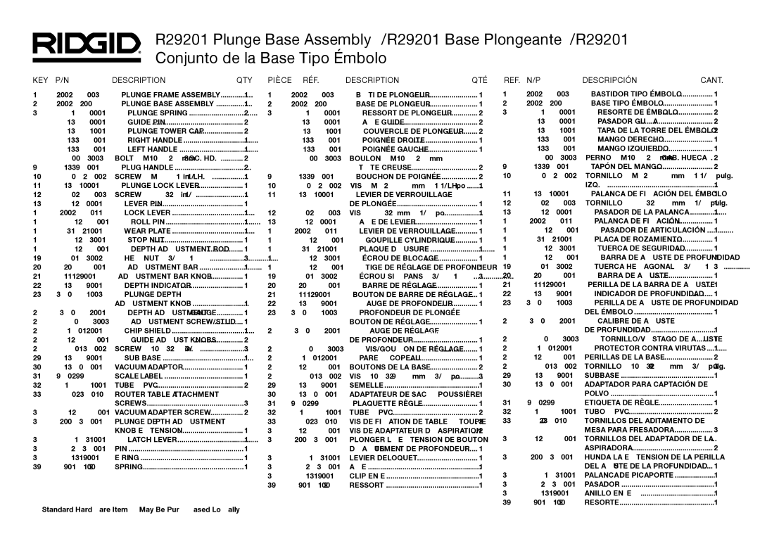 RIDGID R29301 manual KEY Description QTY Pièce RÉF QTÉ, Descripción Cant 