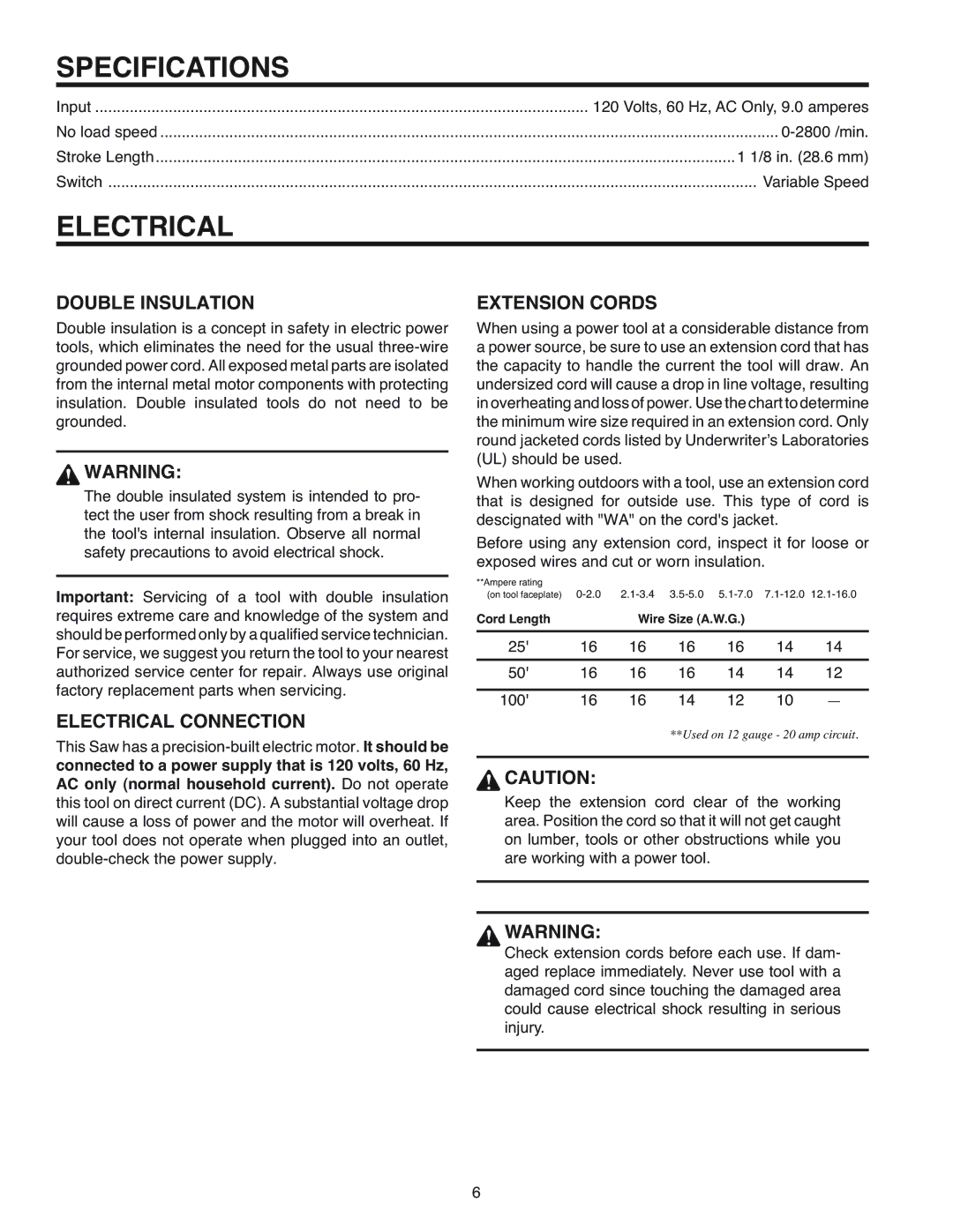 RIDGID R3000 manual Specifications, Double Insulation, Extension Cords, Electrical Connection 