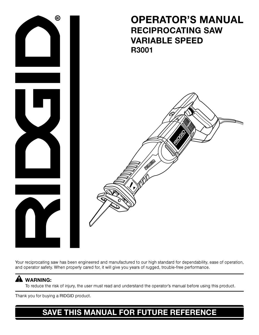 RIDGID R3001 manual OPERATOR’S Manual 