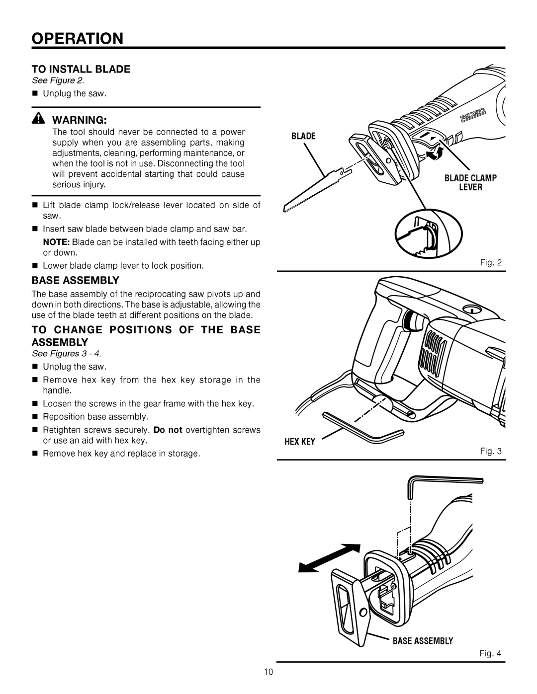 RIDGID R3001 manual To Install Blade, To Change Positions of the Base Assembly 