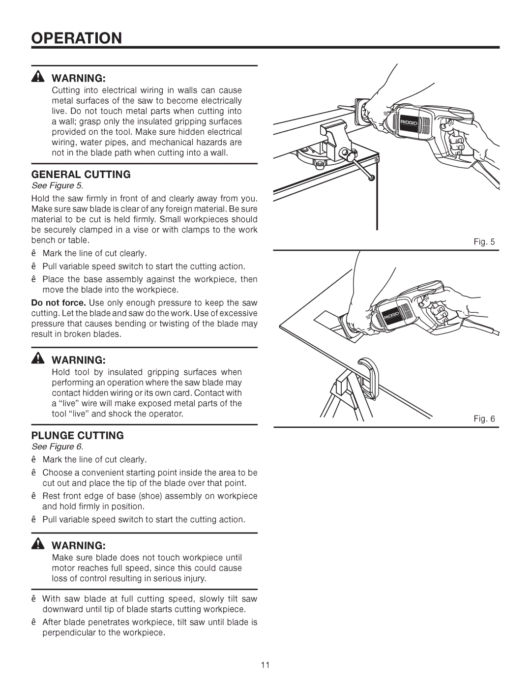 RIDGID R3001 manual General Cutting, Plunge Cutting 