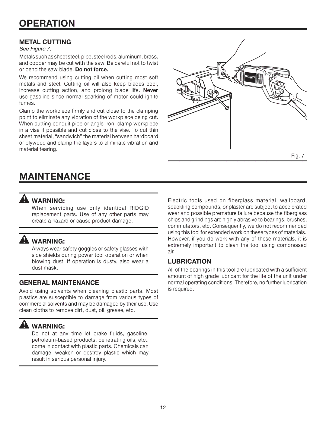 RIDGID R3001 manual Metal Cutting, General Maintenance, Lubrication 