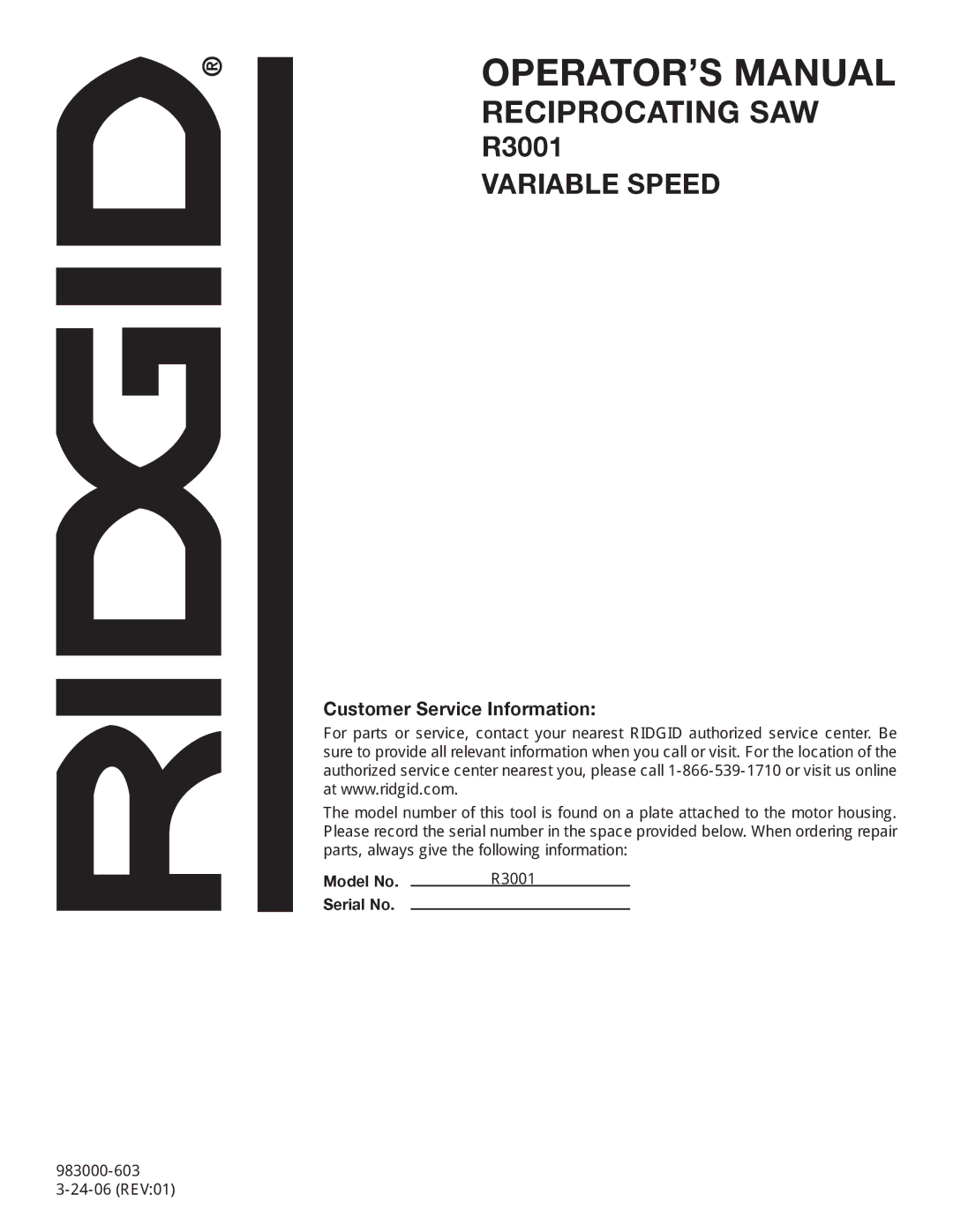 RIDGID R3001 manual Reciprocating SAW, Variable Speed 