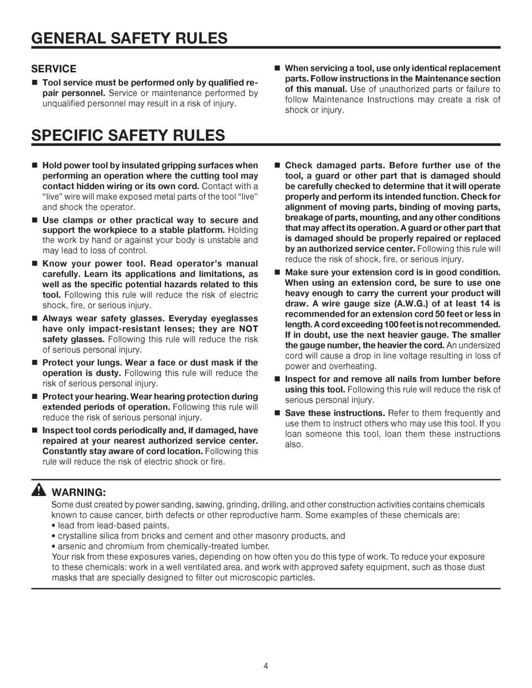 RIDGID R3001 manual Specific Safety Rules, Service 