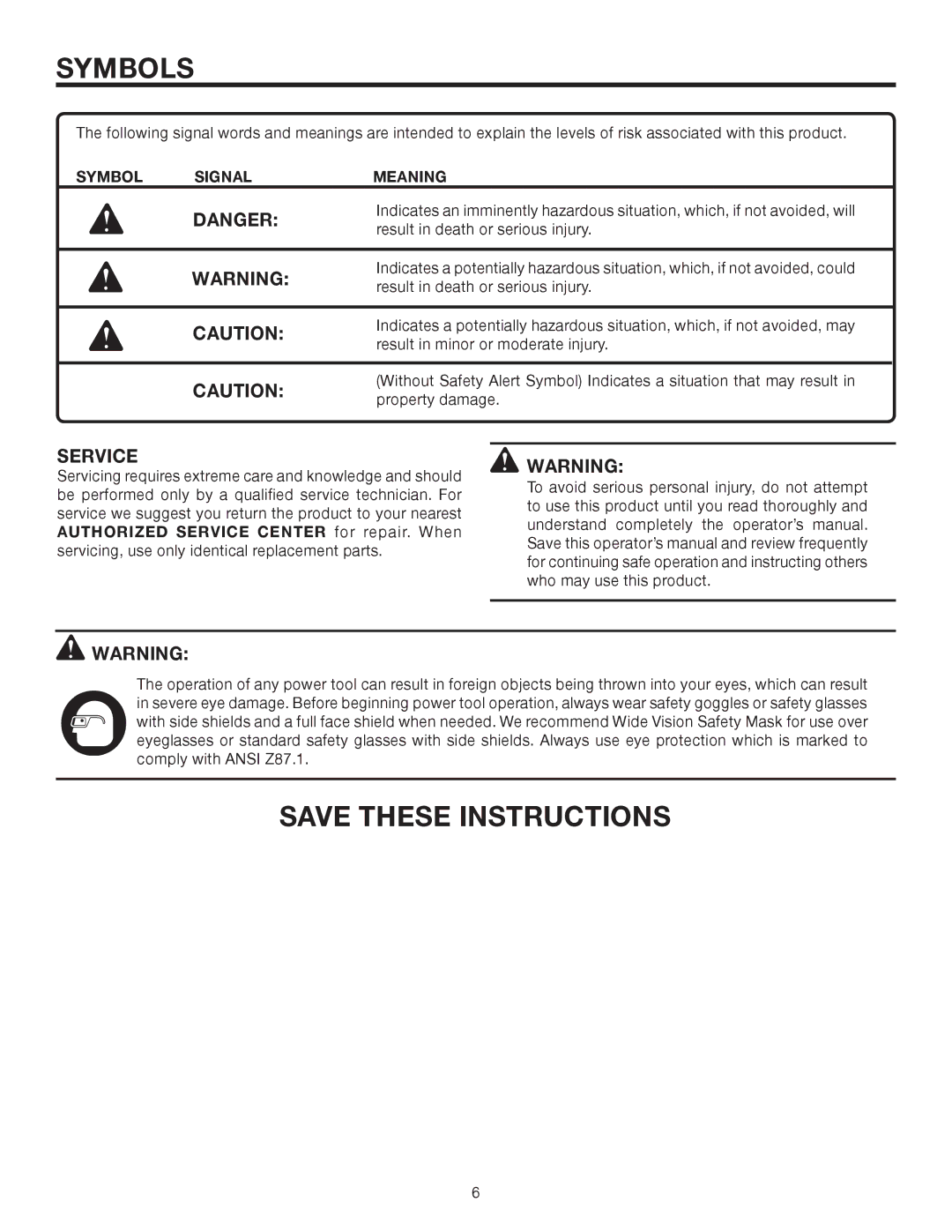 RIDGID R3001 manual Symbol Signal Meaning 