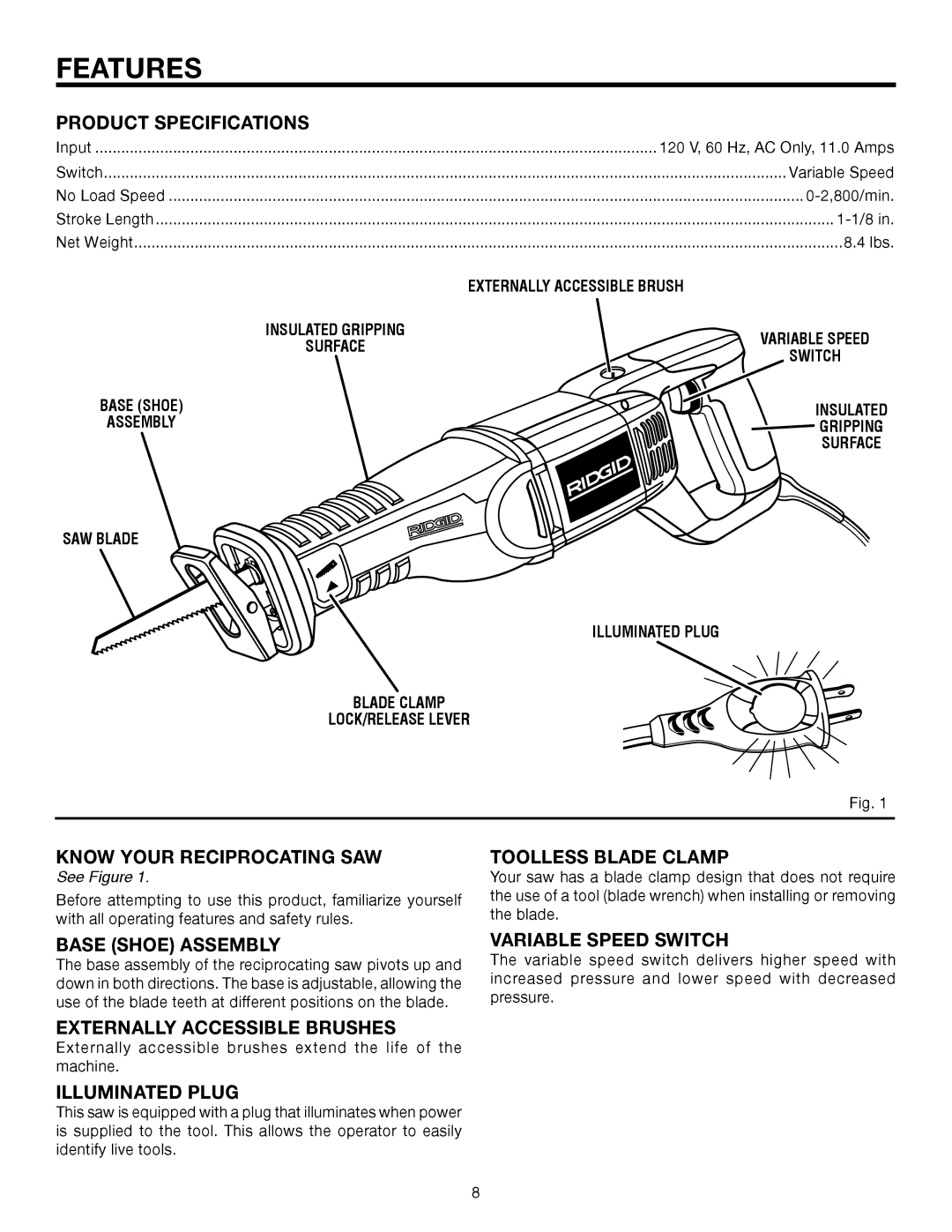 RIDGID R3001 manual Features 