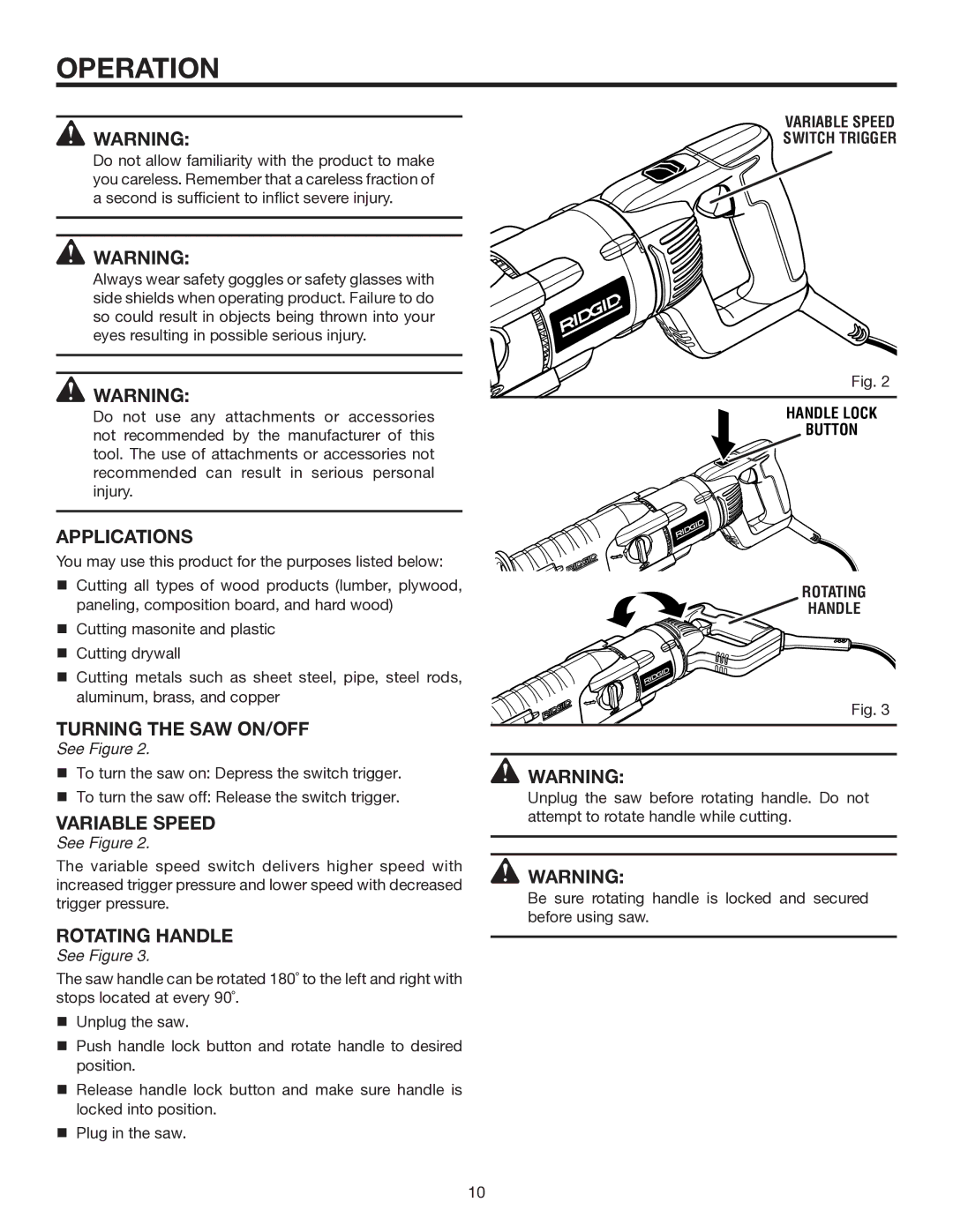 RIDGID R3020 manual Operation, Applications, Turning the SAW ON/OFF, Variable Speed 