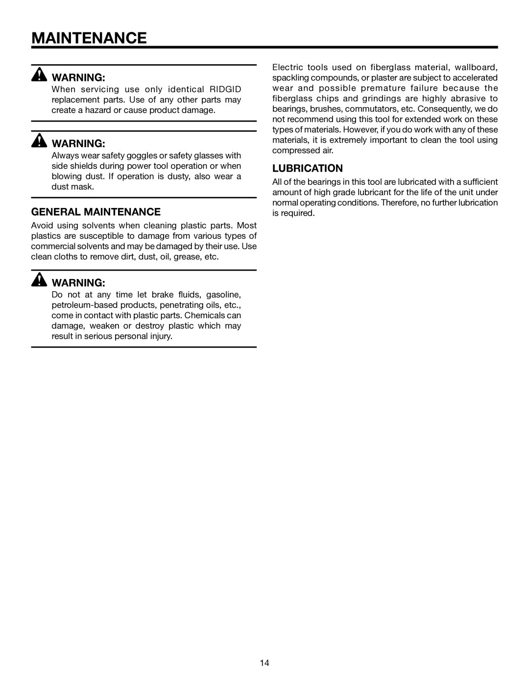 RIDGID R3020 manual General Maintenance, Lubrication 