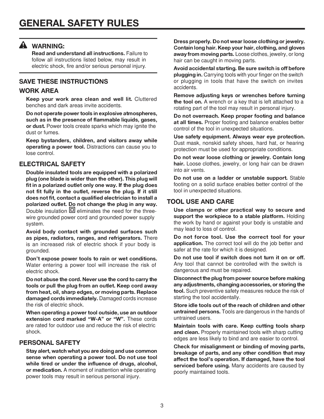 RIDGID R3020 manual General Safety Rules, Work Area, Electrical Safety, Personal Safety, Tool USE and Care 