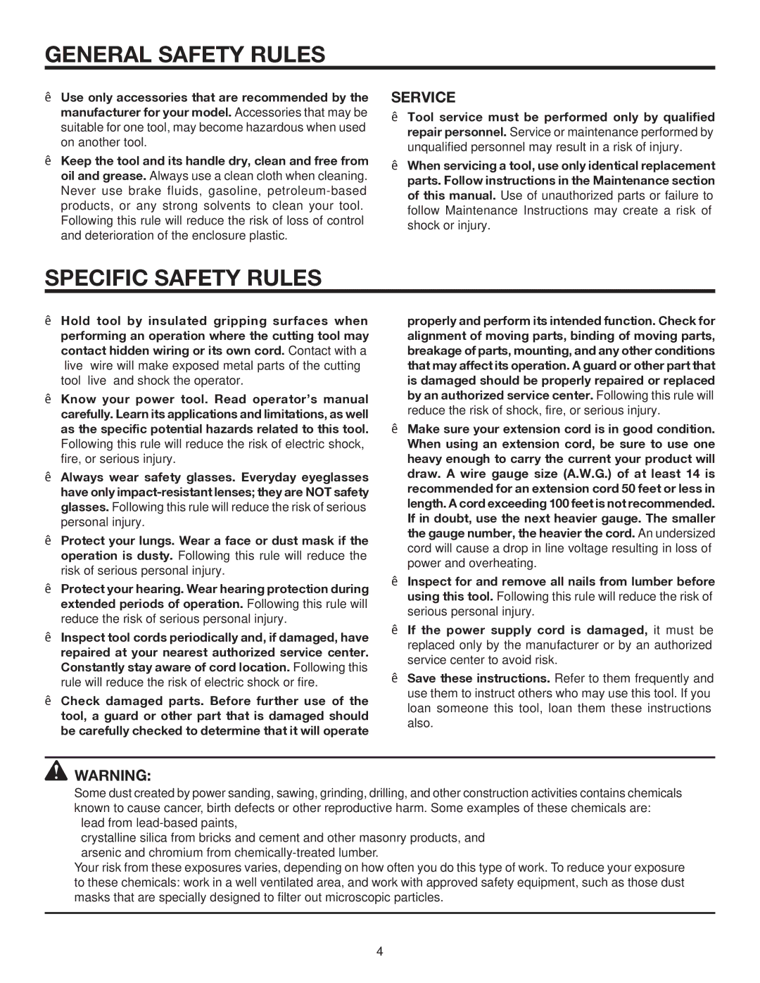 RIDGID R3020 manual Specific Safety Rules, Service 