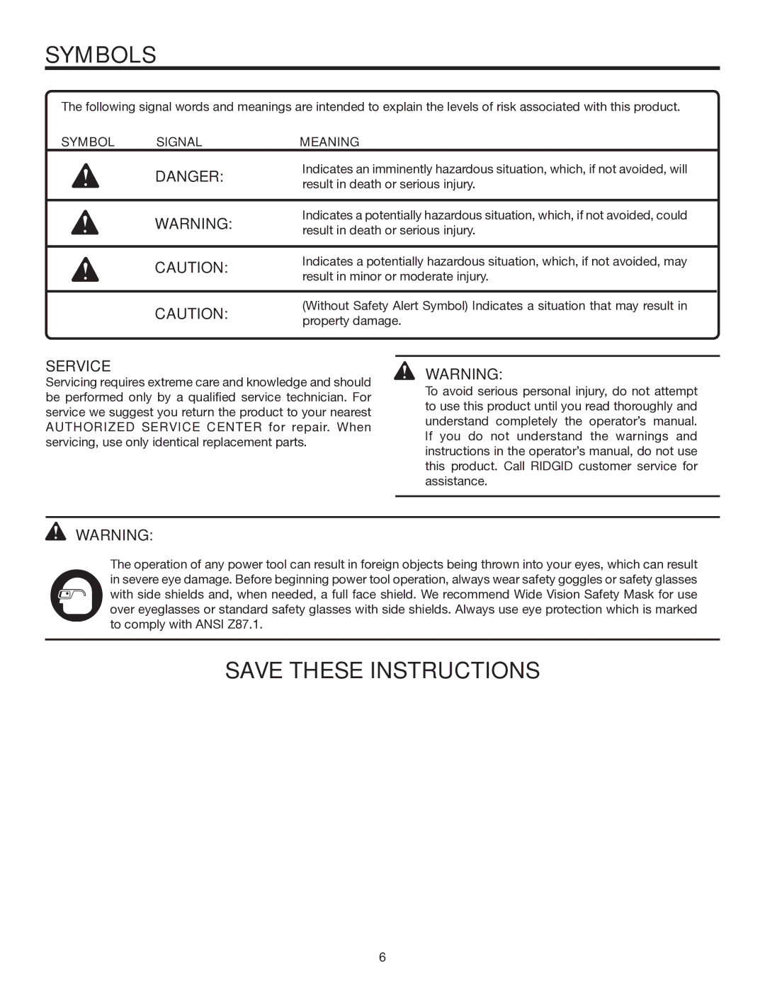 RIDGID R3020 manual Symbol Signal Meaning 